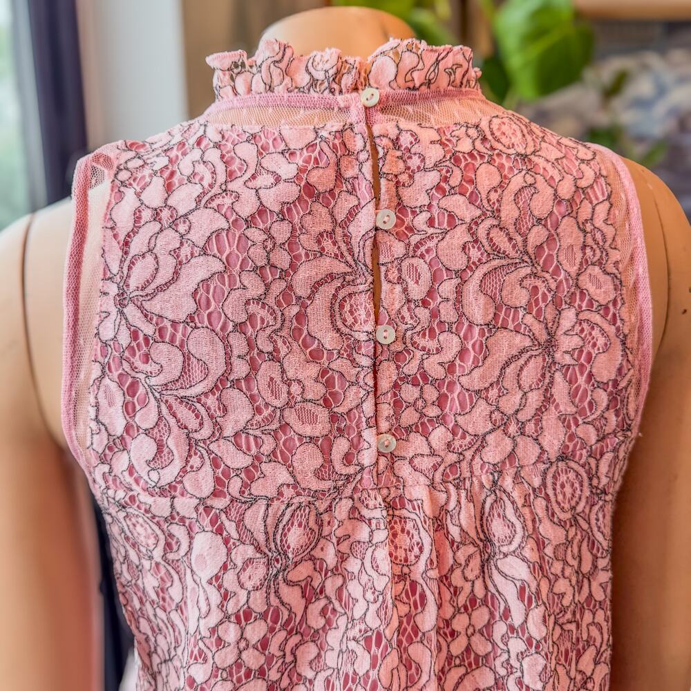 BluHeaven Pink Floral Embroidered Lace Sleeveless Top High Ruffled Neck,  Small - Picture 7 of 10